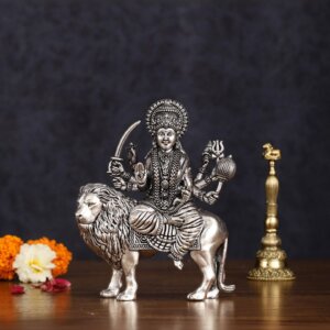 Brass Silver Plated Goddess Durga Ambe Mata Sitting on Lion