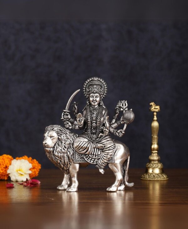 Brass Silver Plated Goddess Durga Ambe Mata Sitting on Lion