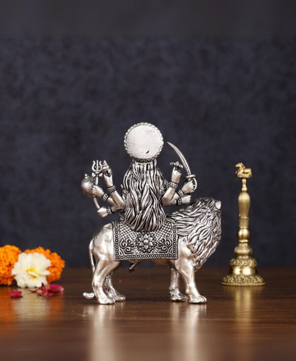 Brass Silver Plated Goddess Durga Ambe Mata Sitting on Lion